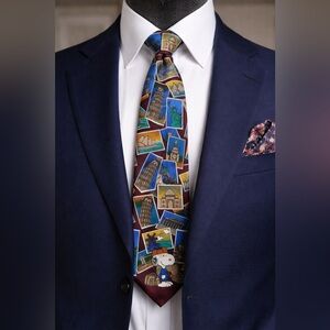 Vintage Peanuts Snoopy World Traveler Silk Tie USA Novelty Travel Landmarks